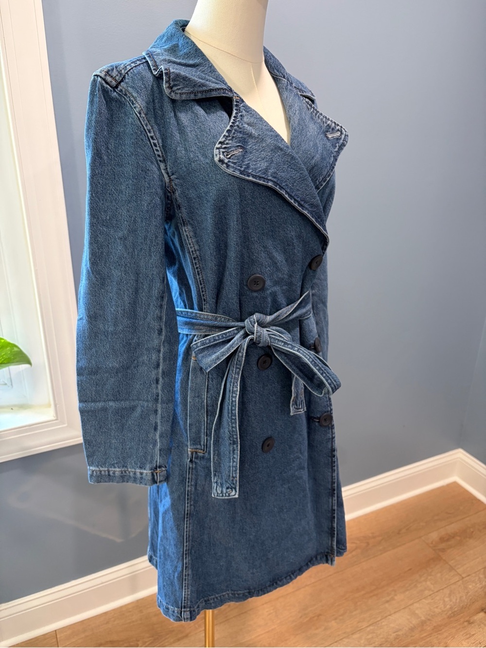 GAP Denim Belted Trench Coat Jacket Small Dark Wash NWT Chambray - Picture 4 of 9